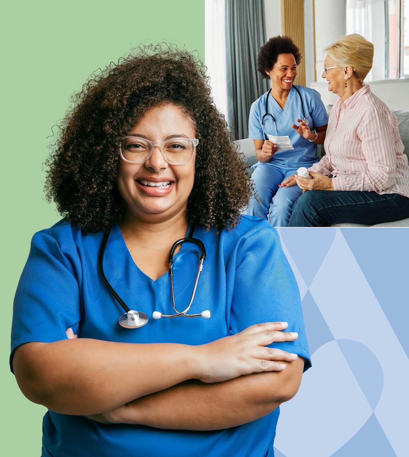 Nurse smiling and another nurse smiling and talking with an elderly woman. Home Care.