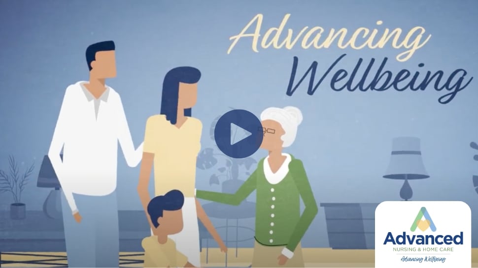 A family next to the words "Advancing Wellbeing" and the Advanced Nursing & Home Care logo