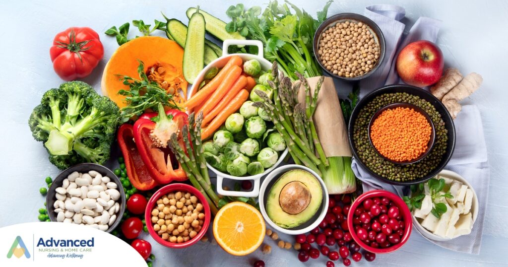 An array of healthy food represents a diabetes-friendly diet.