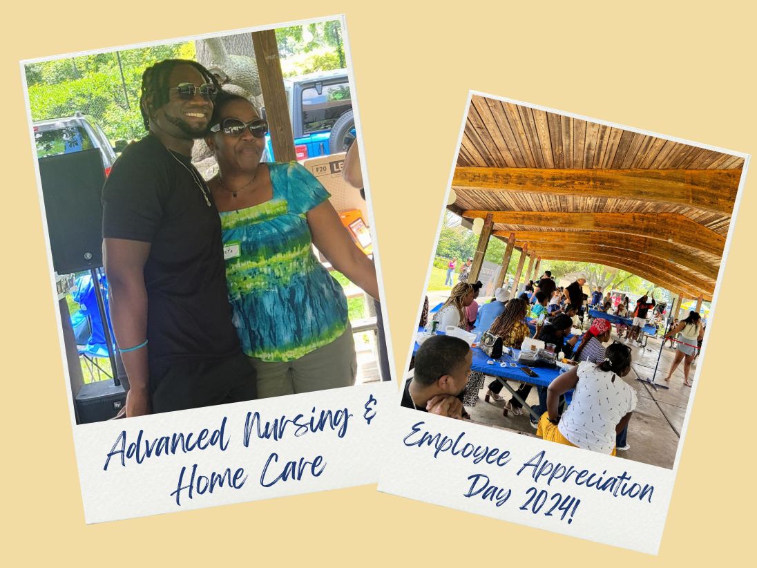Advanced Nursing & Home Care employees celebrating Employee Appreciation Day 2024 with team bonding, food, and outdoor activities under a pavilion.