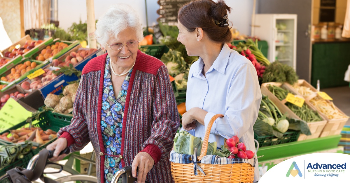 A caregiver shops for groceries with an older adult, representing shopping for a diabetes-friendly diet.
