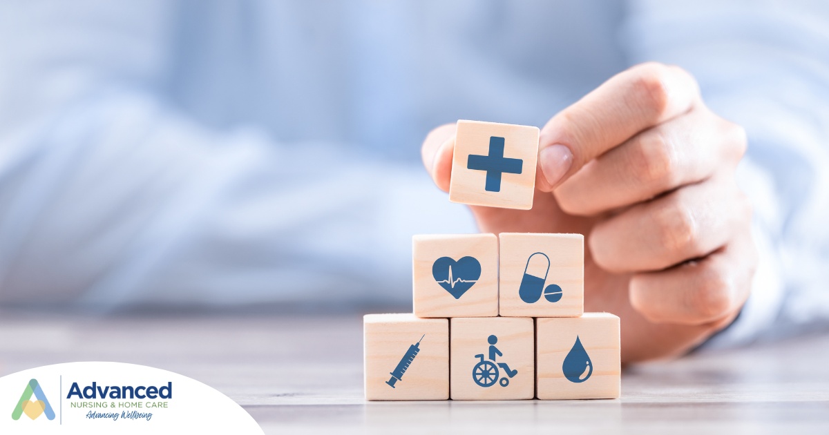 A stack of block with different health related icons represents health insurance which can help with home health care.