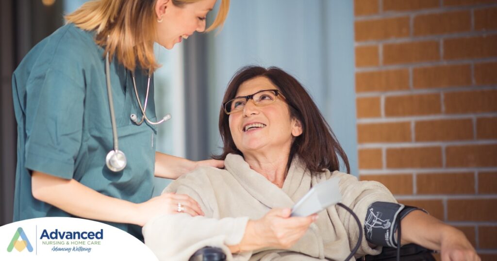 A care provider helps a patient in a wheelchair representing the benefits of medical care at home.