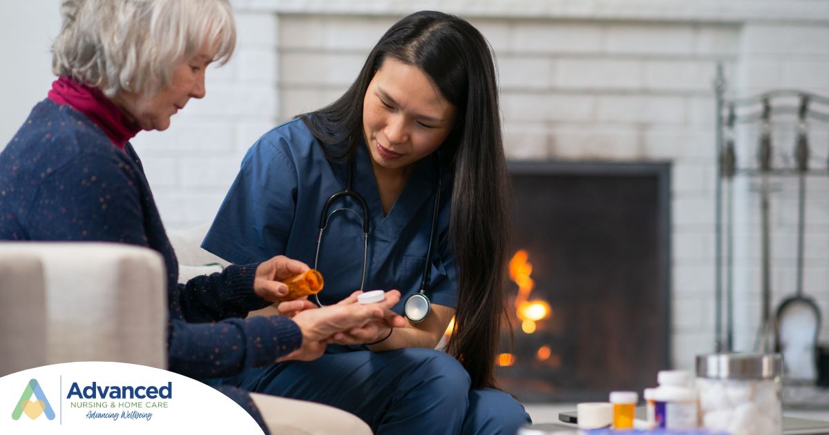 A nurse helps a patient at home with her medications, representing how home health nurses can help with disease management.