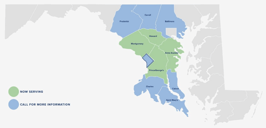 Map of Maryland counties served by Advanced Nursing & Home Care