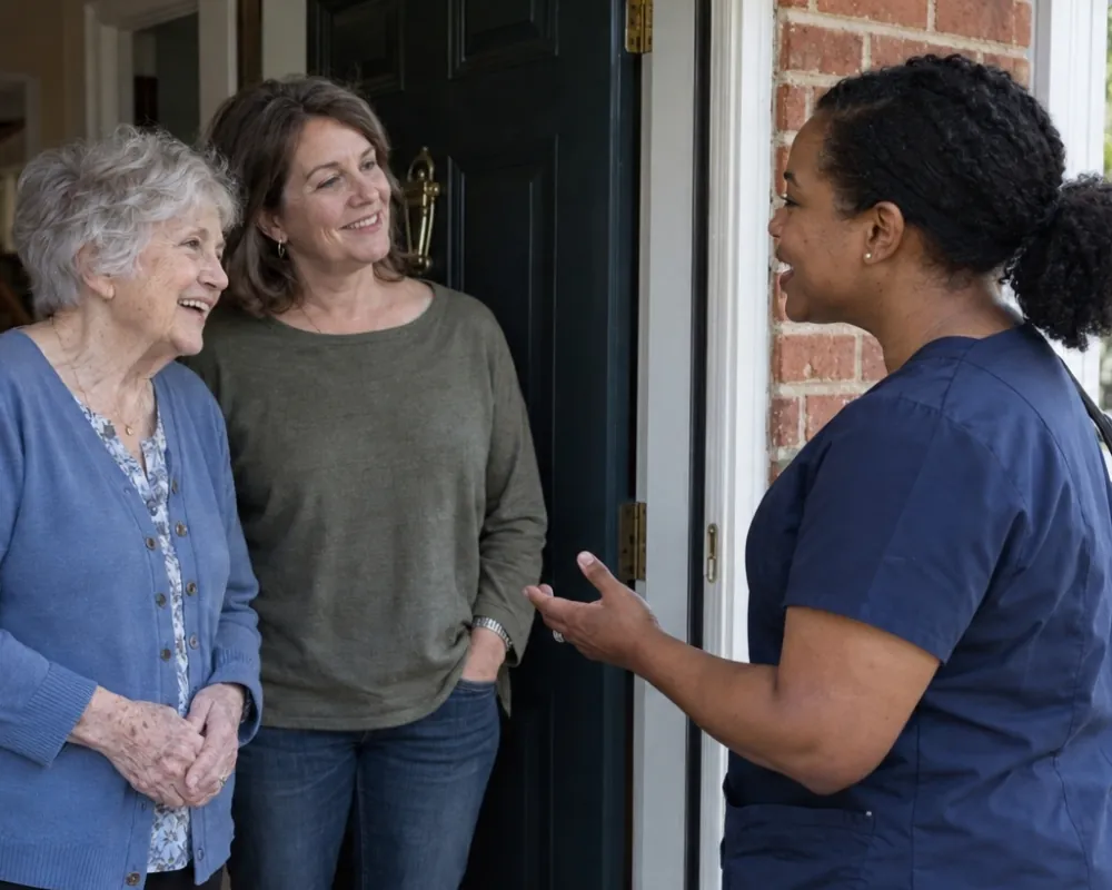 Caregiver greeting senior and daughter at front door
