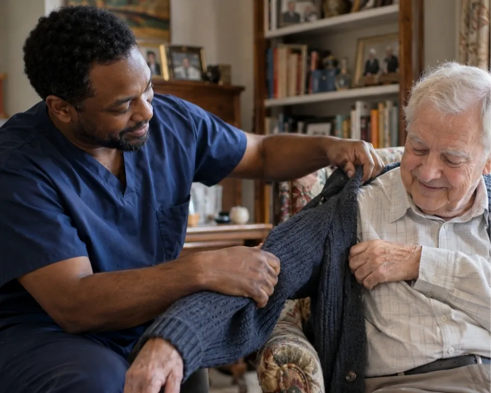 Caregiver helping senior man get dressed