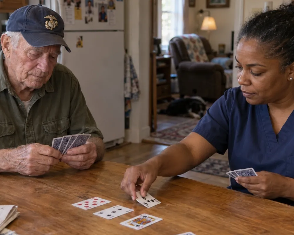 Caregiver playing cards with senior veteran