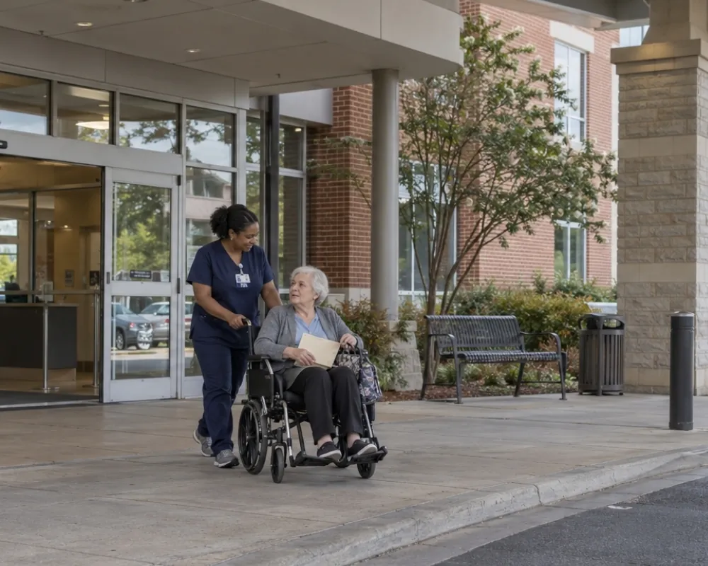 Caregiver pushing senior woman in wheelchair