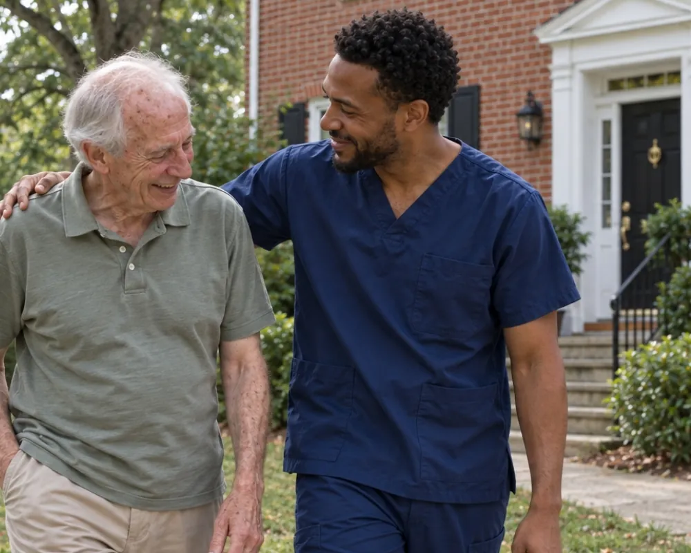 Caregiver walking with senior man outside home