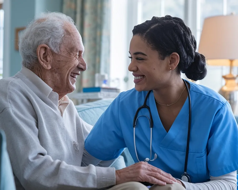 Home care nurse laughing with senior man