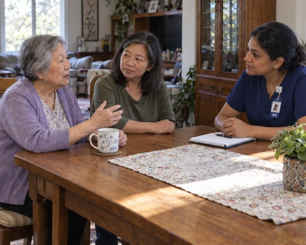 In-home care consultation with senior and family