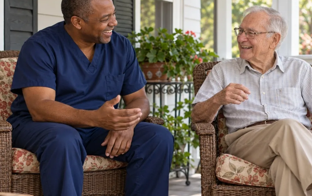 Male caregiver and senior man on porch