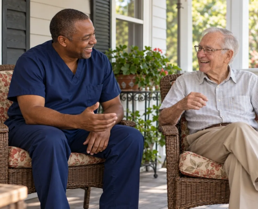 Male caregiver and senior man on porch