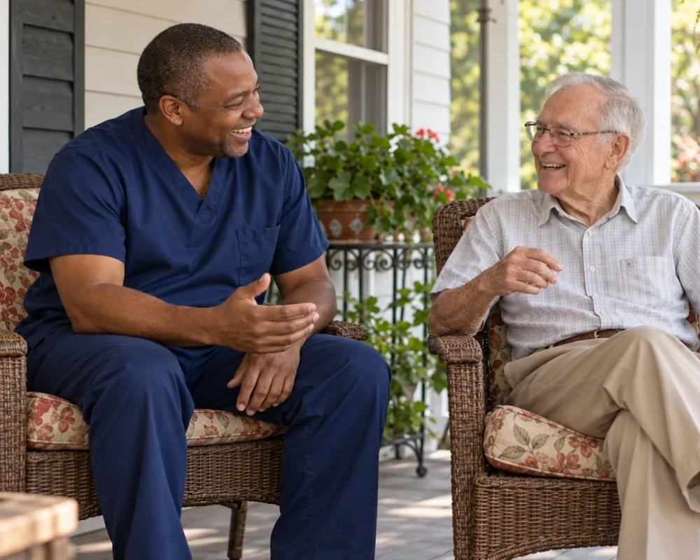 Male caregiver and senior man on porch