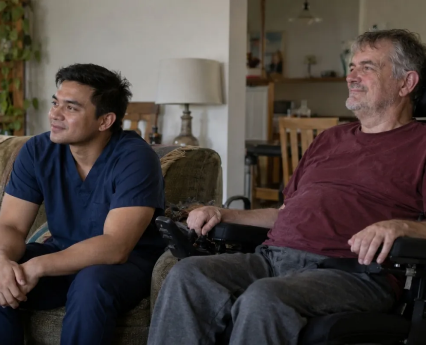 Male caregiver on a companion visit with senior man