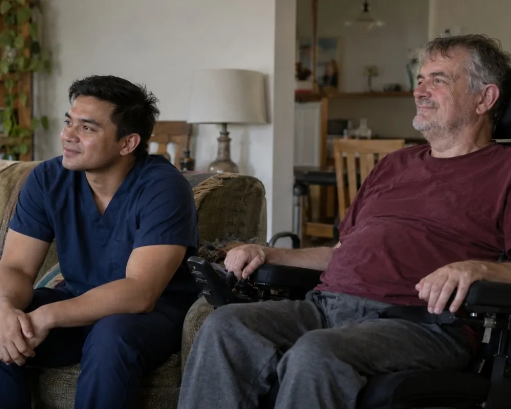 Male caregiver on a companion visit with senior man
