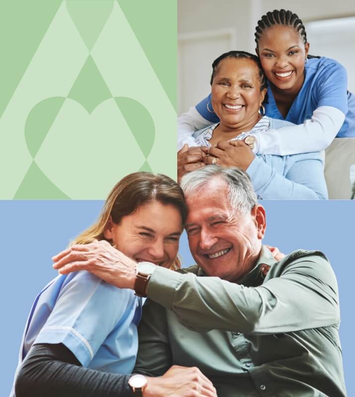 Two nursing smiling and hugging an elderly man and woman