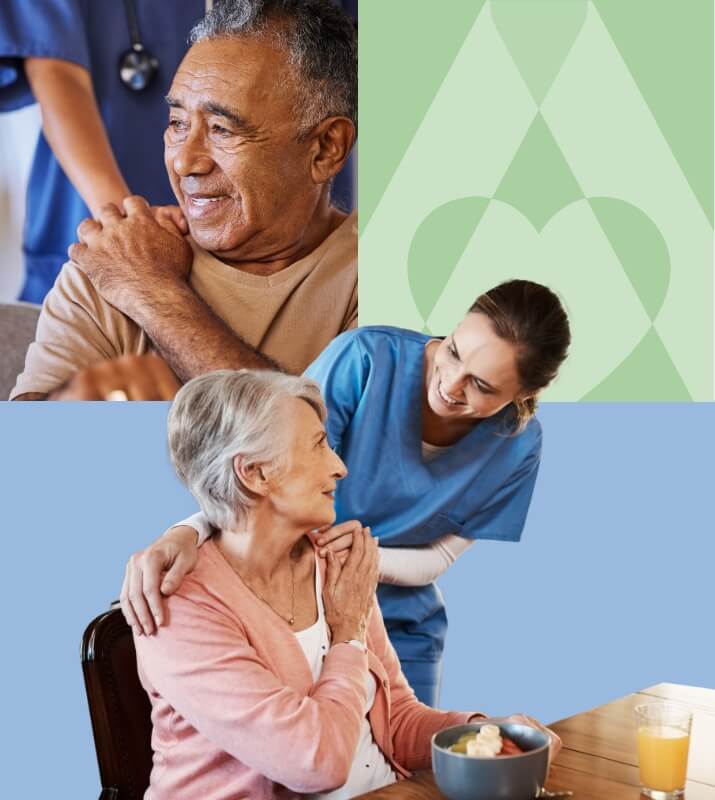 Nurse putting her hand on an elderly mans shoulder and another nurse smiling at an elderly woman