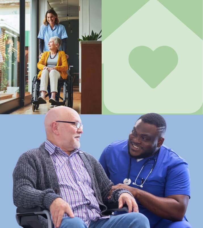 Nurse pushing an elderly woman in a wheelchair and another nurse smiling at an elderly man