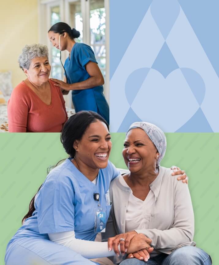 Nurse doing an exam on an elderly woman and another nurse smiling with an elderly woman
