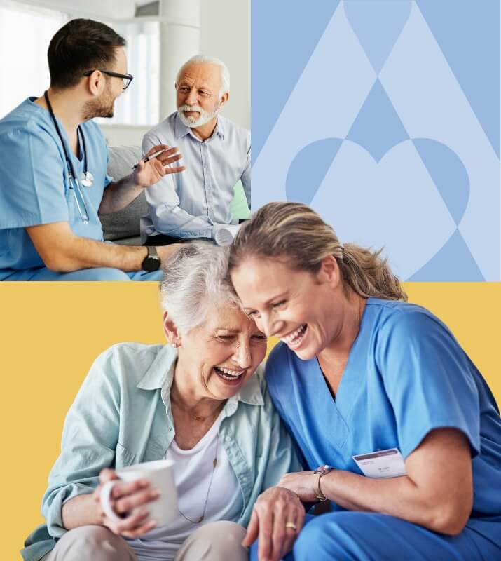 Nurse talking with an elderly man and another nurse laughing and smiling with an elderly woman