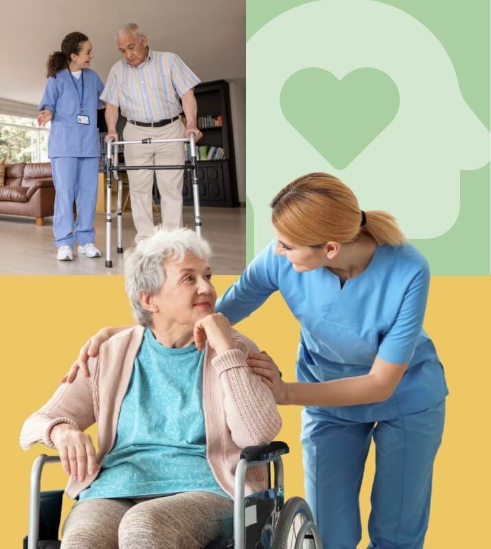 Nurse helping an elderly man walk and another nurse smiling at an elderly woman in a wheelchair