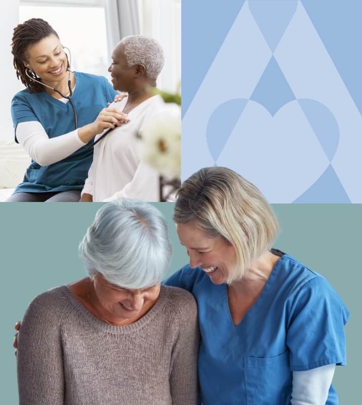 Nurse giving an elderly woman an exam and another nurse and elderly woman laughing together