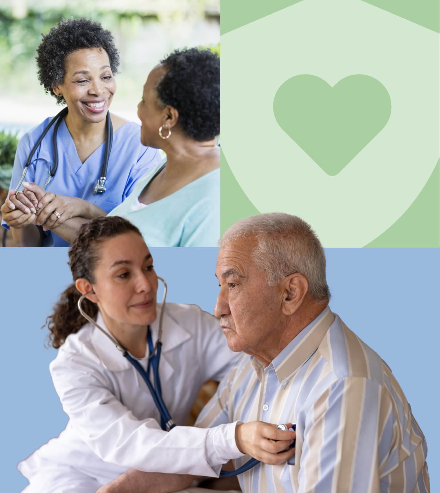 Nurse holding an elderly woman's hand and another nurse giving an elderly man an exam