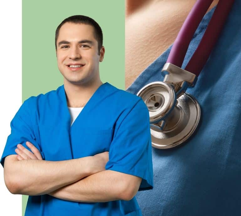 Nurse smiling and an up close view of a stethoscope