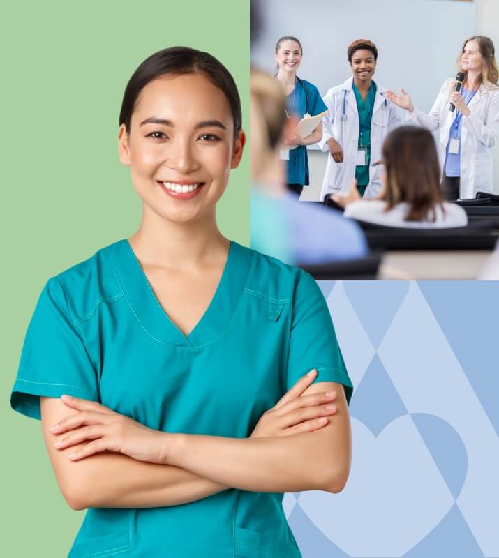 Nurse smiling and a doctor speaking to a room of medical professionals