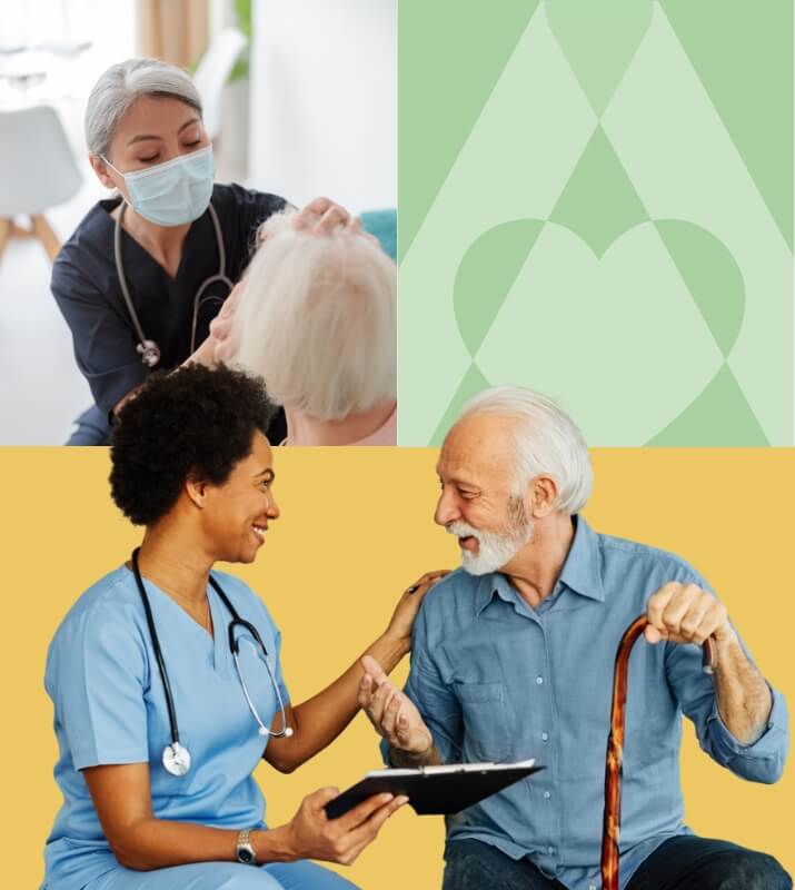 Nurse giving an elderly woman an exam and another nurse talking to an elderly man