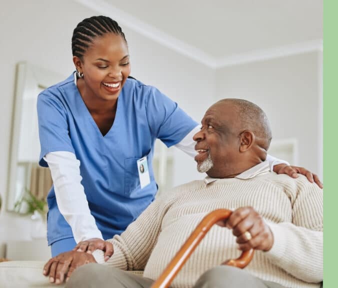 Nurse and elderly man with a can smiling at each other