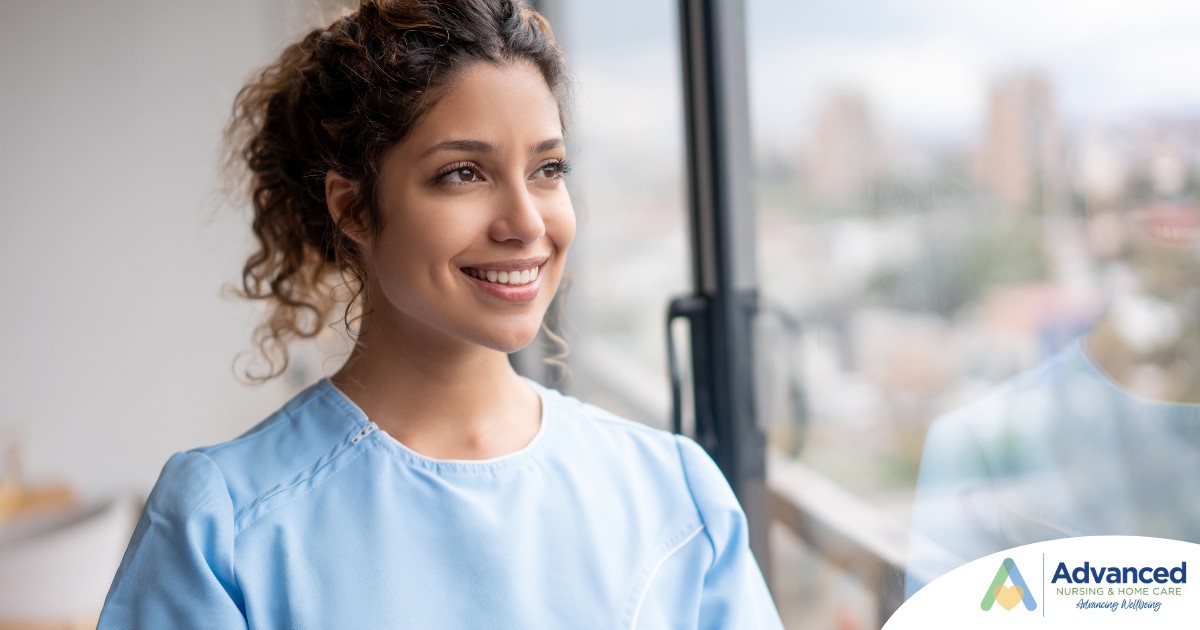 A woman smiles while looking ahead hopefully, showing the positive outlook that planning for a home care career can bring.