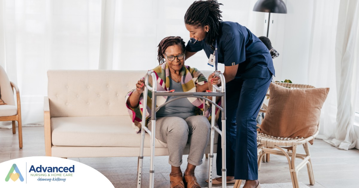 A care professional helps an older woman get up with the use of a walker, representing how occupational therapy can help with recovery.
