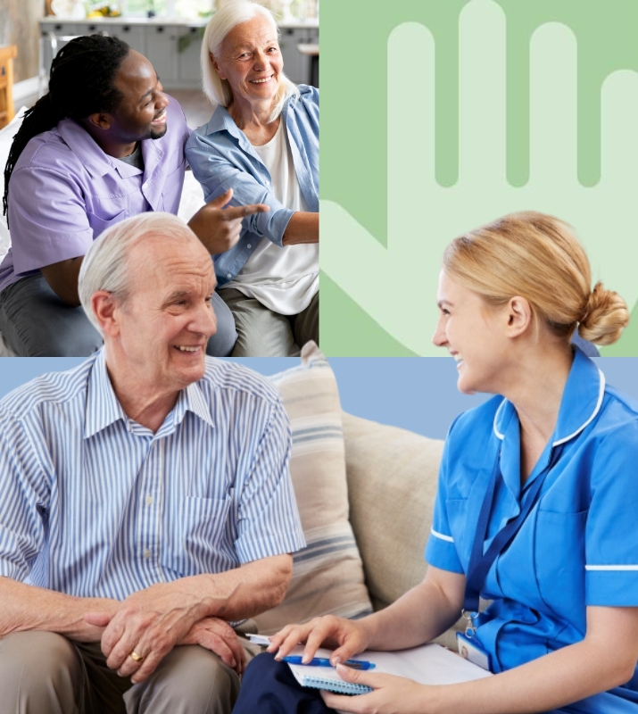 Collage of caregivers interacting warmly with elderly individuals, representing Memory Care in Silver Spring, Maryland. The images show compassionate care providers engaging in friendly conversations and offering support, symbolizing a nurturing and respectful memory care environment. A symbolic green hand graphic emphasizes protection and assistance.