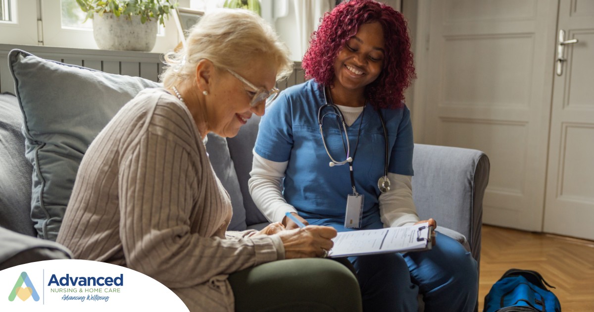 A healthcare professional helps an older patient fill out a form, representing what happens when the requirements for home health care eligibility are met.