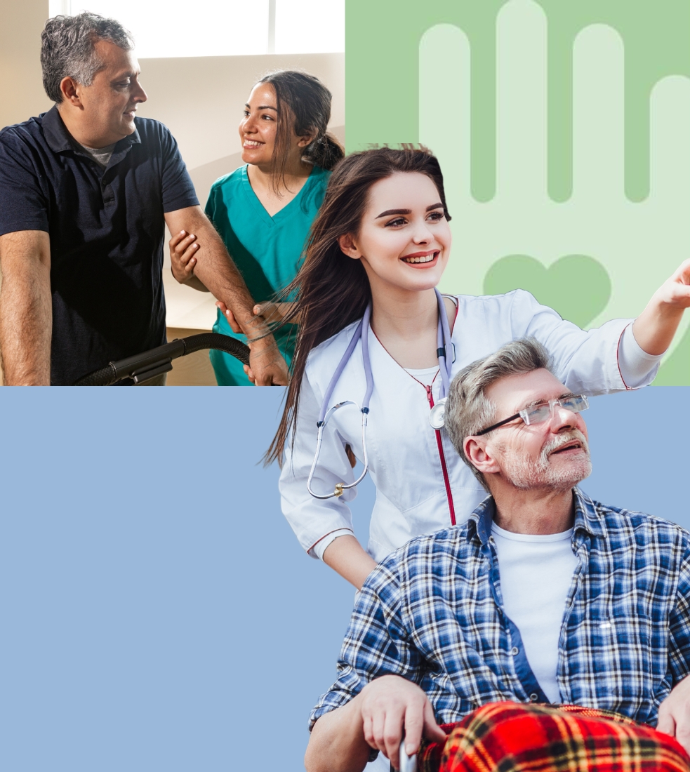 This image shows a collage representing nurse staffing services in Bethesda. In one scene, a nurse is assisting a man using a walker, offering supportive care. In another, a smiling nurse in a white coat is helping an elderly man in a wheelchair. The background includes a symbol of a hand with a heart, reflecting the compassion and professionalism of healthcare support.