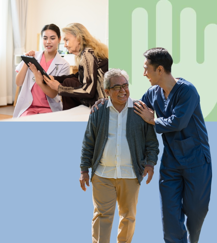 A cheerful care giver hand on shoulder of elderly patient assisting the patient in walking. In the background a doctor helps and elderly patient look at medical records. Nurse Staffing in Rockville