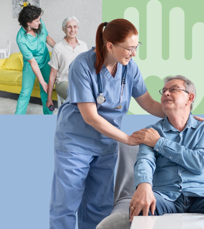 Two healthcare workers assisting elderly individuals in Silver Spring: one caregiver in teal scrubs helps an older woman exercise with hand weights in a bright living room, while another caregiver in blue scrubs smiles and supports an older man sitting on a couch. The background features soft green and blue tones with a graphic of a hand symbol.