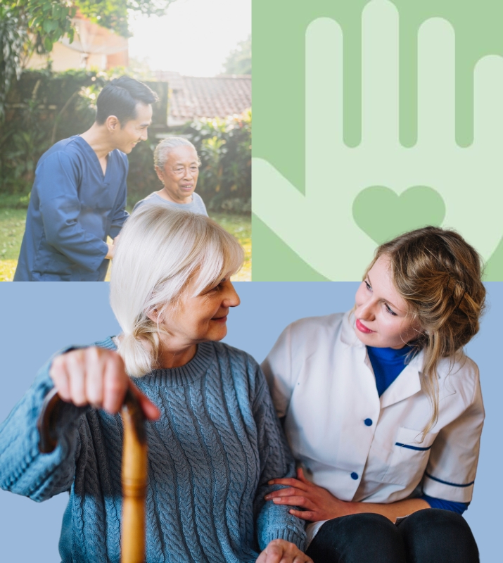 ollage showing compassionate caregiver moments: an Asian male caregiver assisting an elderly Asian woman outdoors, a heart-in-hand care symbol, and a young female caregiver sitting beside an elderly white woman with a cane, sharing a warm conversation.